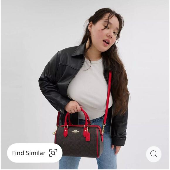 NWT Coach Rowan Satchel In Signature Canvas CV961 Walnut /Bold Red - Picture 5 of 9